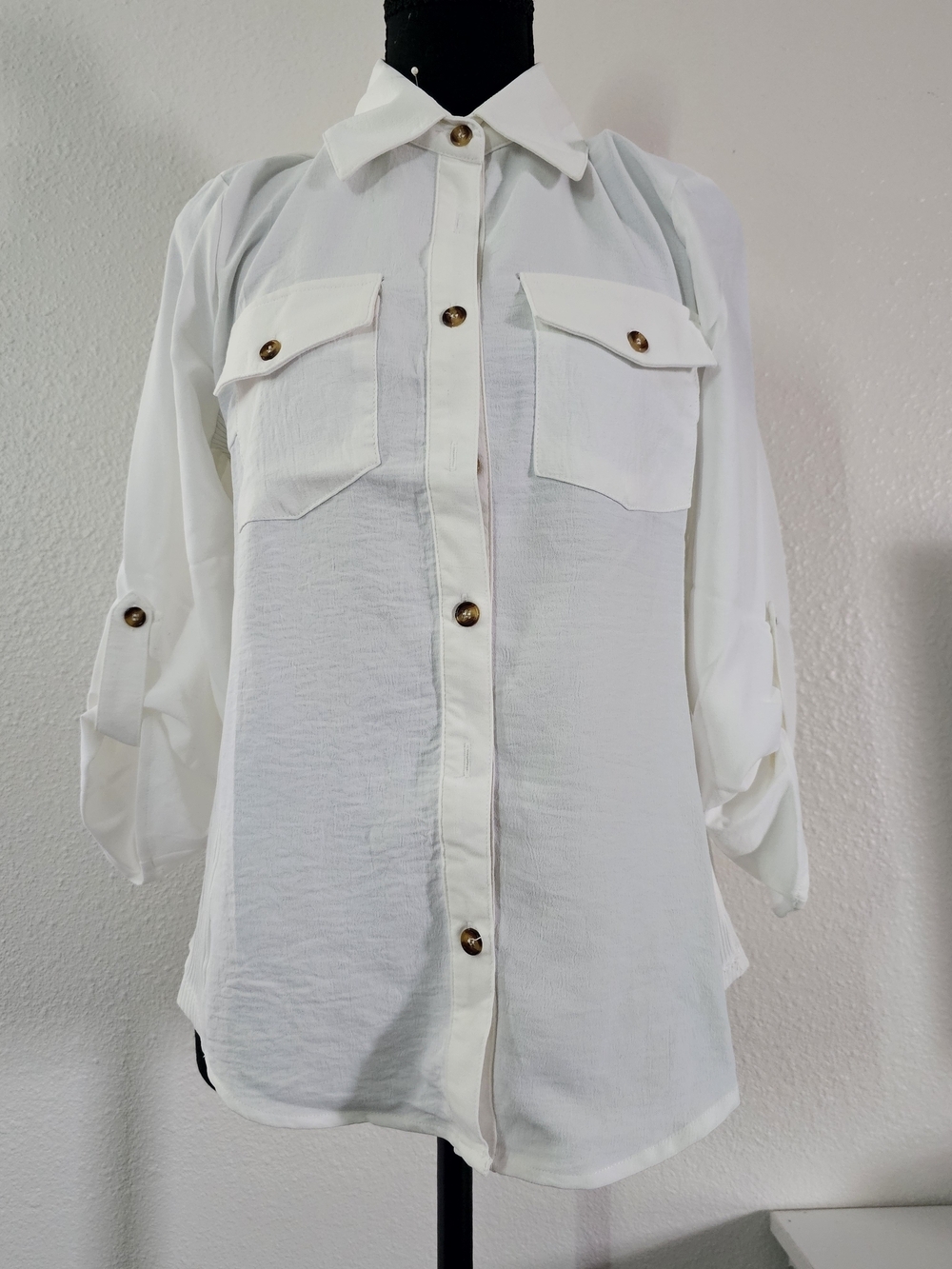 Kate & Mallory White Button-Front Shirt with Tortoiseshell Buttons